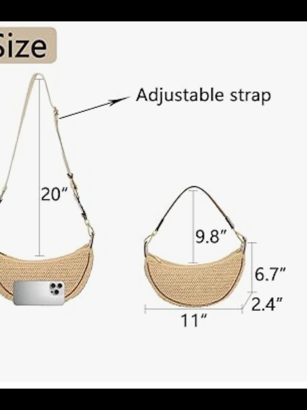 Woven Crescent Shoulder Bag in Natural with Cream Strap - Picture 4 of 7